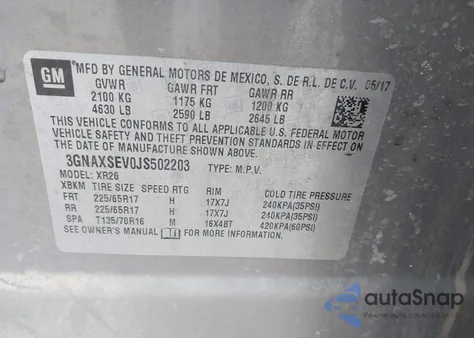 2018 Chevrolet Equinox Lt из США, поврежденный, VIN 3GNAXSEV0JS502203